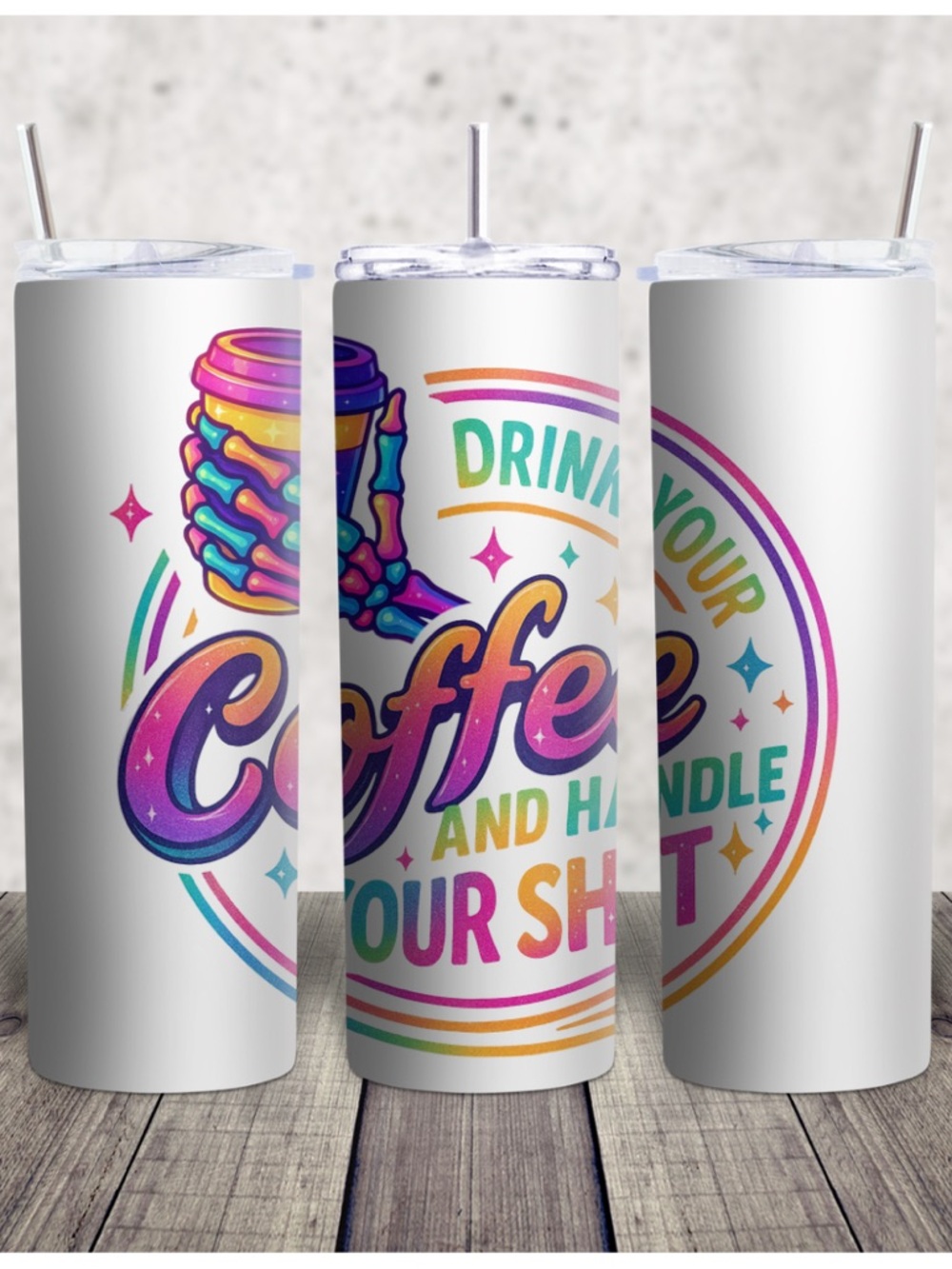 Hand Crafted White Tumbler with Rainbow Coffee Skeleton Graphic